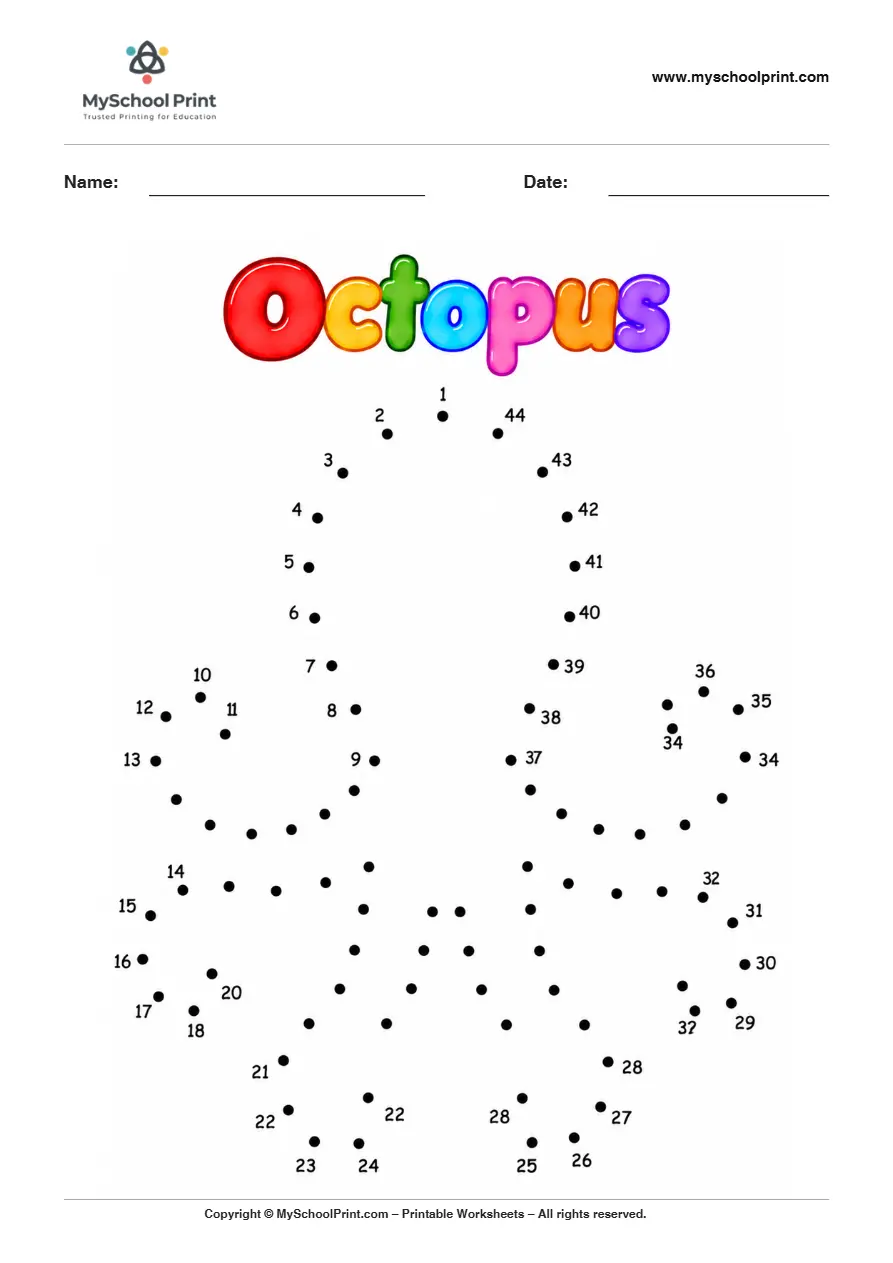 Octopus dot to dot worksheet for kids