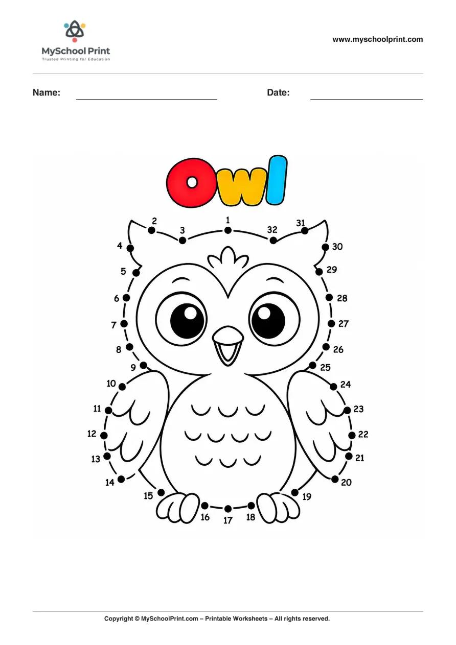 Dot to Dot Owl Coloring Worksheet for Kids