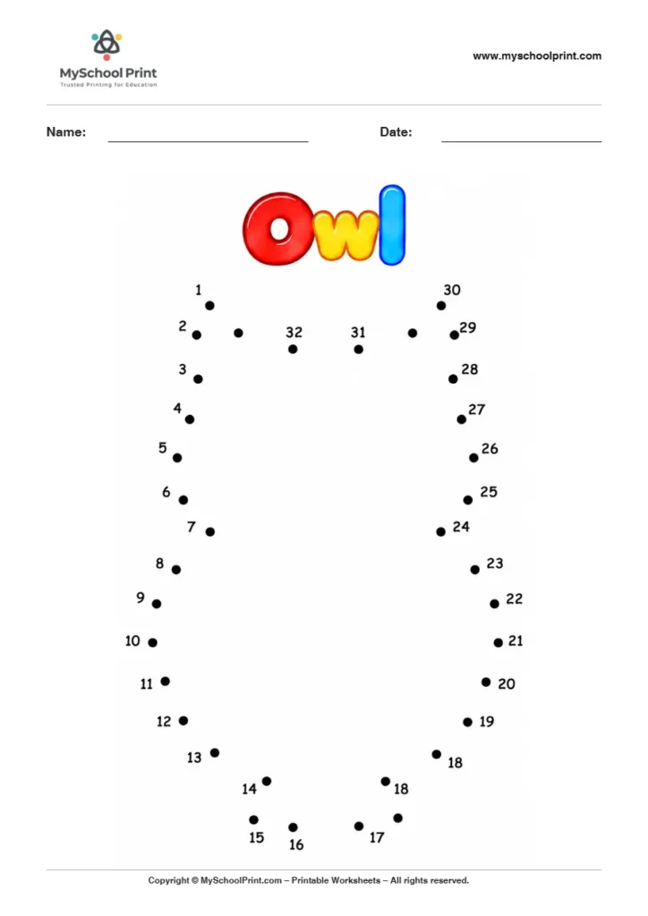 Owl dot to dot worksheet for kids