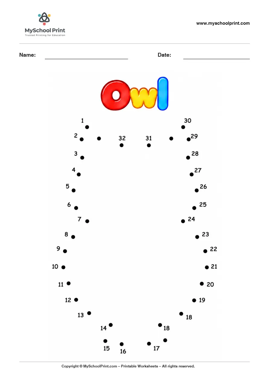 Owl dot to dot worksheet for kids