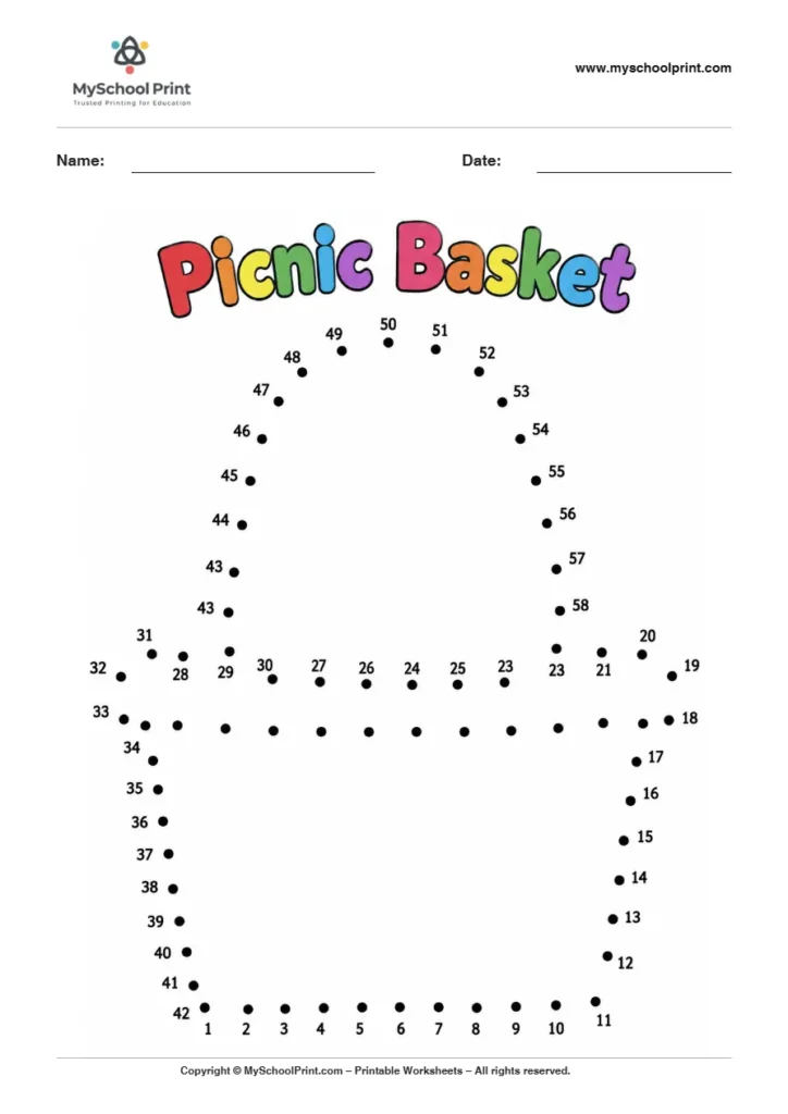 Picnic Basket dot to dot worksheet for kids