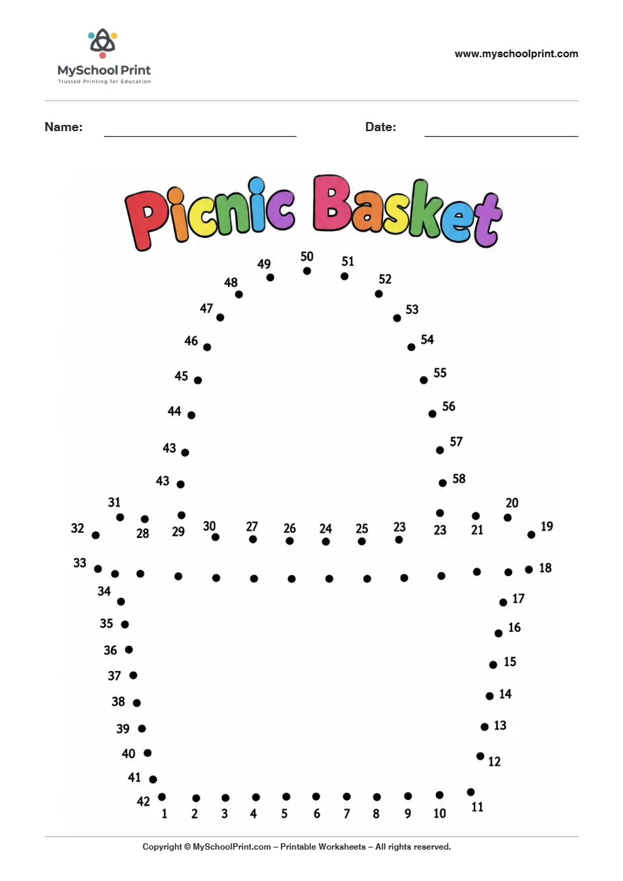 Picnic Basket dot to dot worksheet for kids