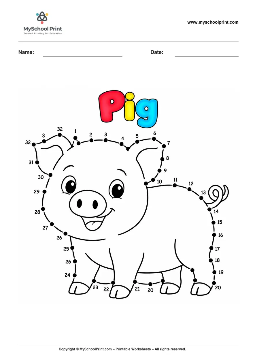 Dot to Dot Pig Coloring Worksheet for Kids