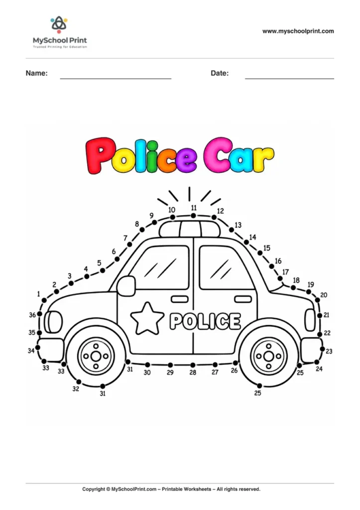 Dot to Dot Police Car Coloring Worksheet for Kids