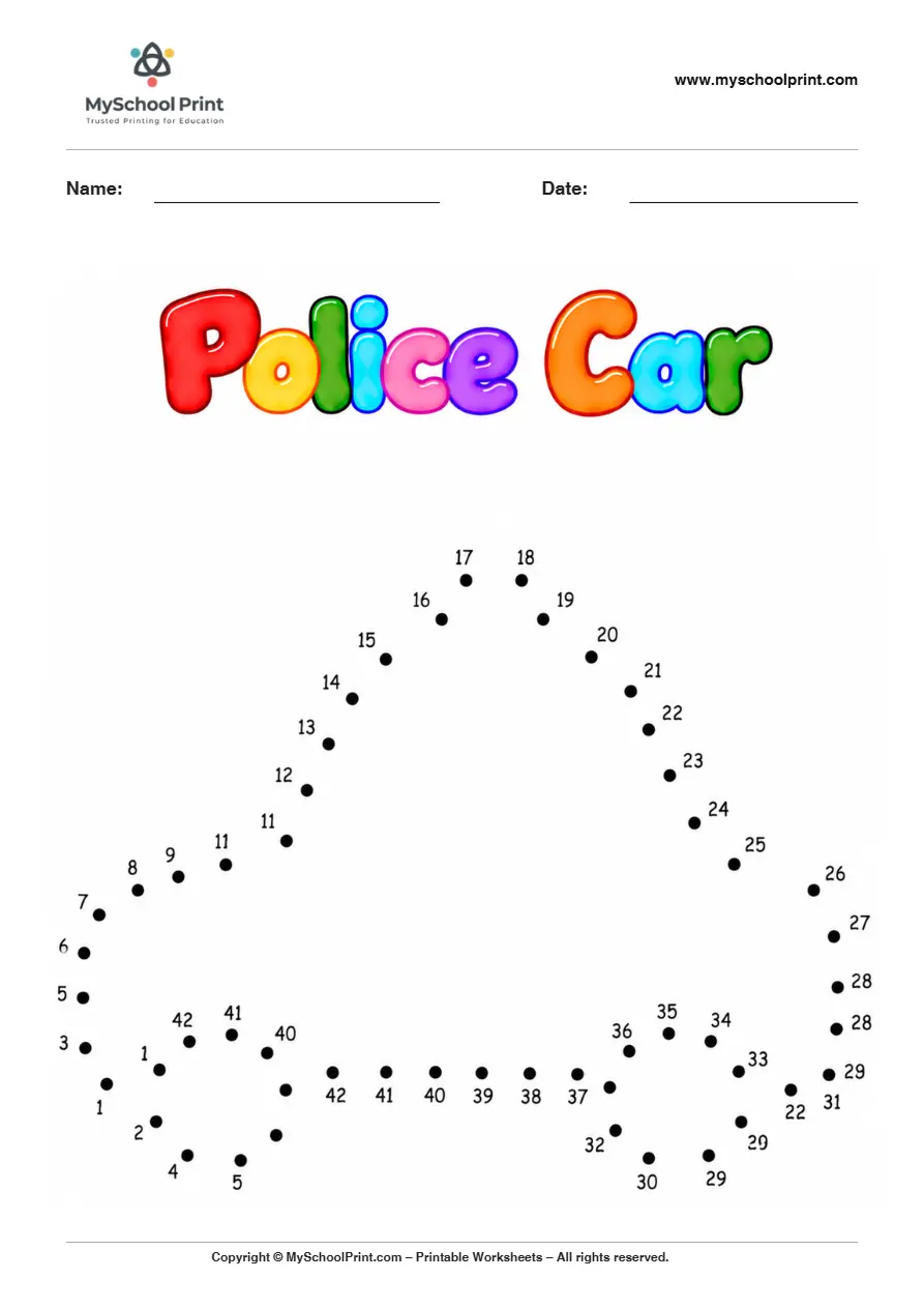 Police Car dot to dot worksheet for kids