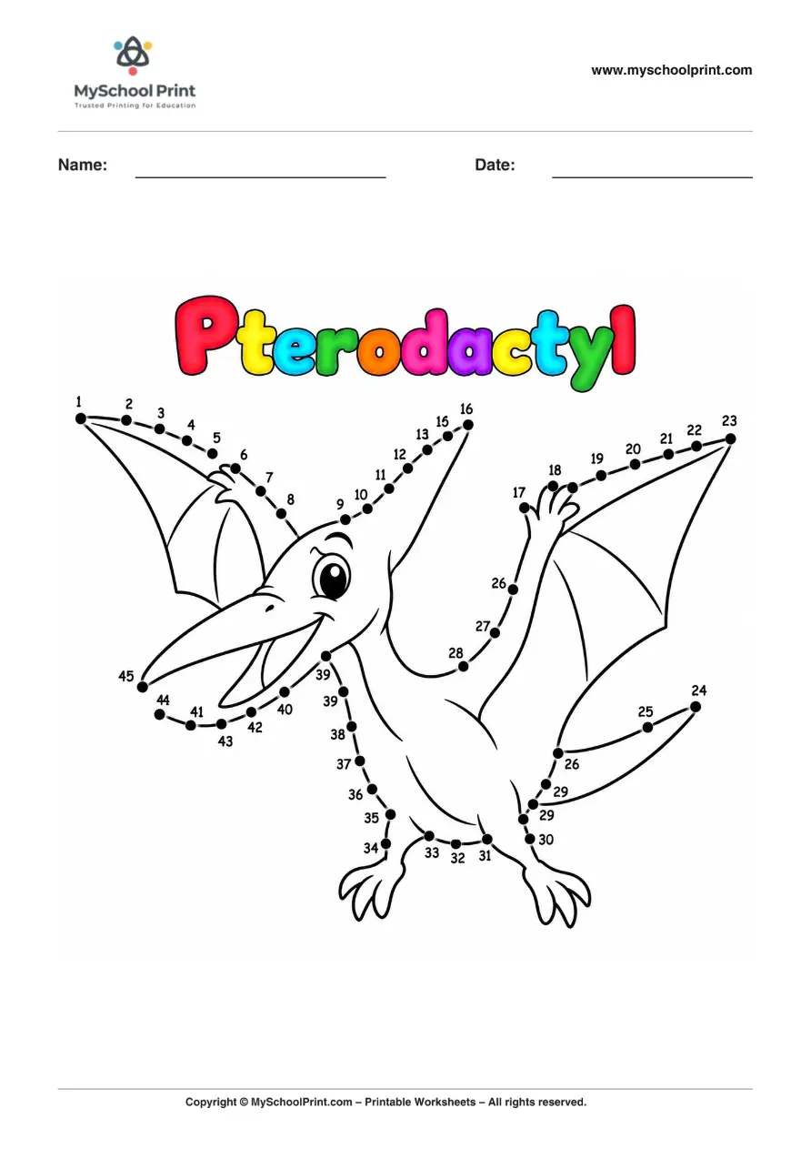 Dot to Dot Pterodactyl Coloring Worksheet for Kids