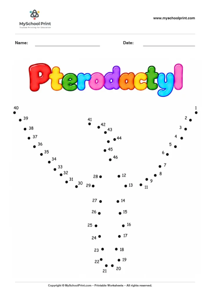 Pterodactyl dot to dot worksheet for kids