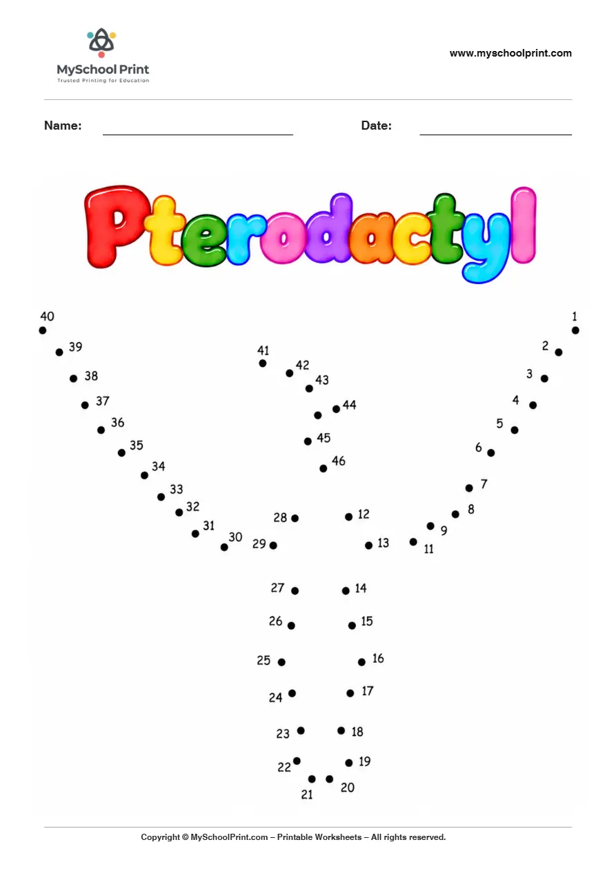 Pterodactyl dot to dot worksheet for kids