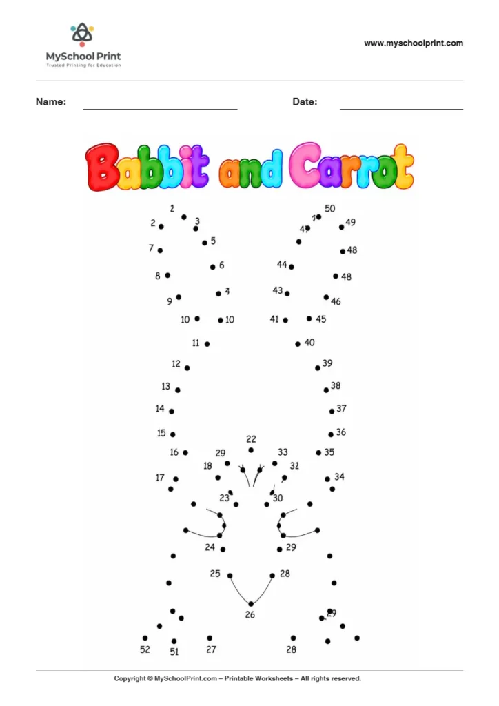 Rabbit And Carrot dot to dot worksheet for kids