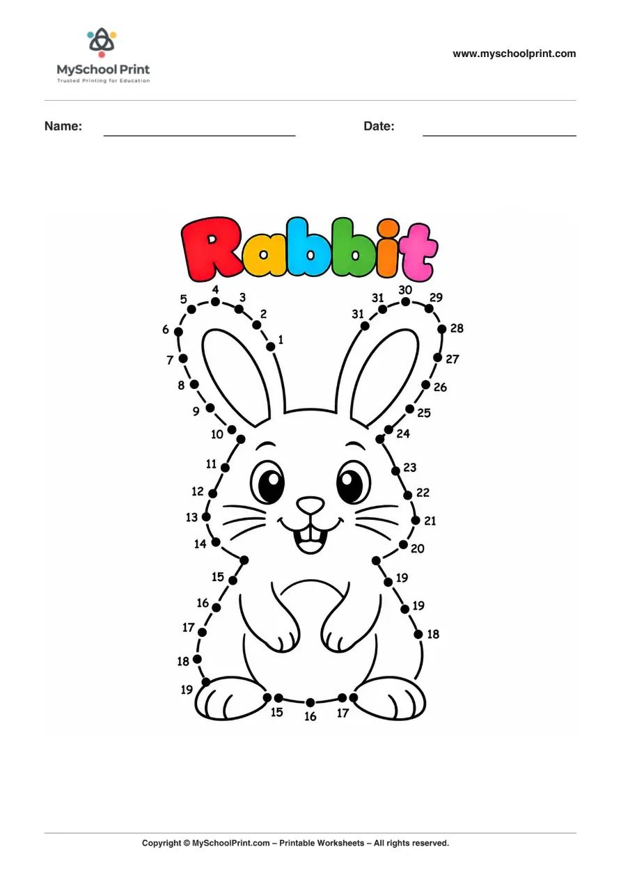Dot to Dot Rabbit Coloring Worksheet for Kids