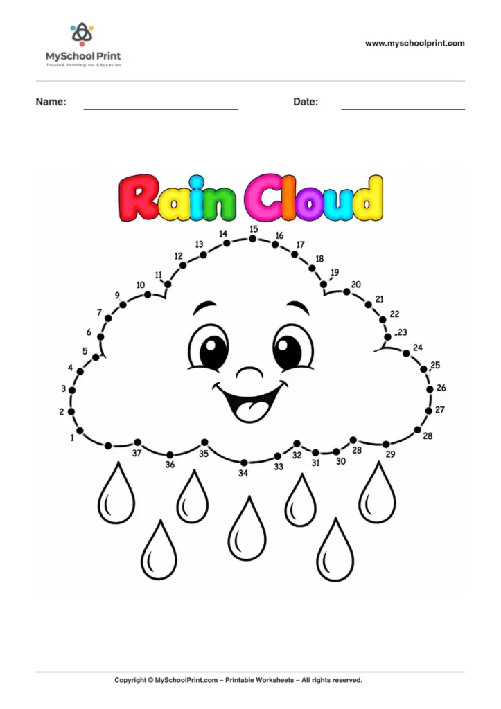 Dot to Dot Rain Cloud Coloring Worksheet for Kids