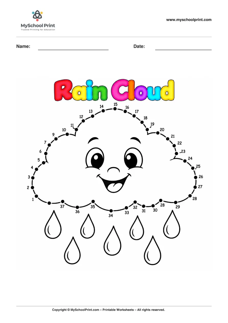 Dot to Dot Rain Cloud Coloring Worksheet for Kids