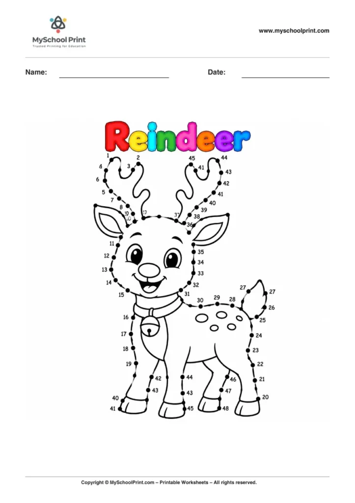 Dot to Dot Reindeer Coloring Worksheet for Kids