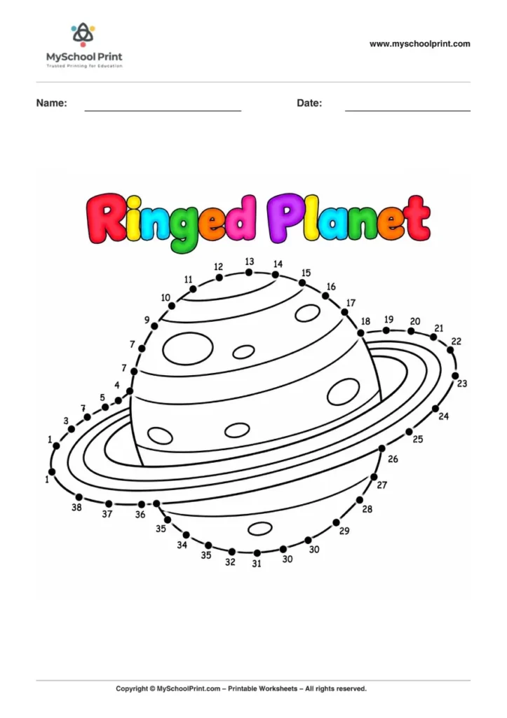 Dot to Dot Ringed Planet Coloring Worksheet for Kids