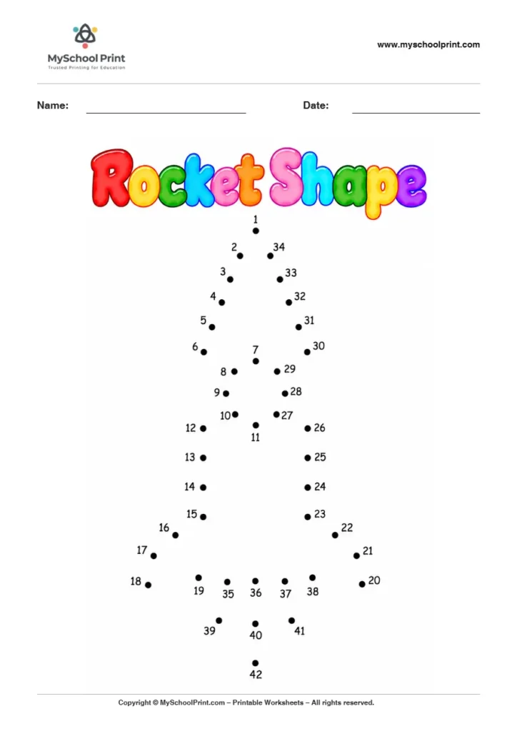 Rocket Shape dot to dot worksheet for kids