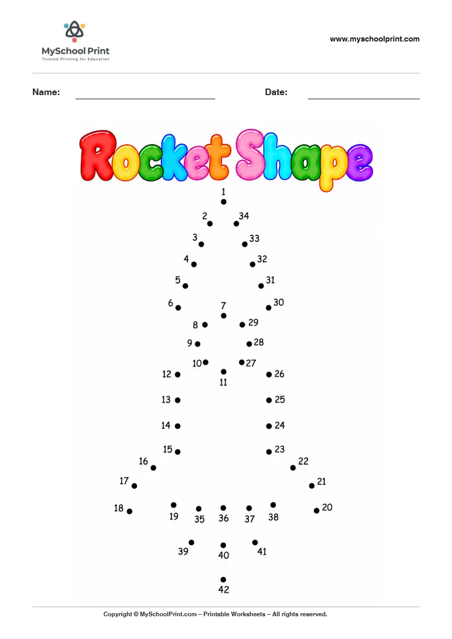 Rocket Shape dot to dot worksheet for kids
