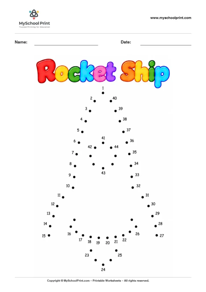 Rocket Ship dot to dot worksheet for kids
