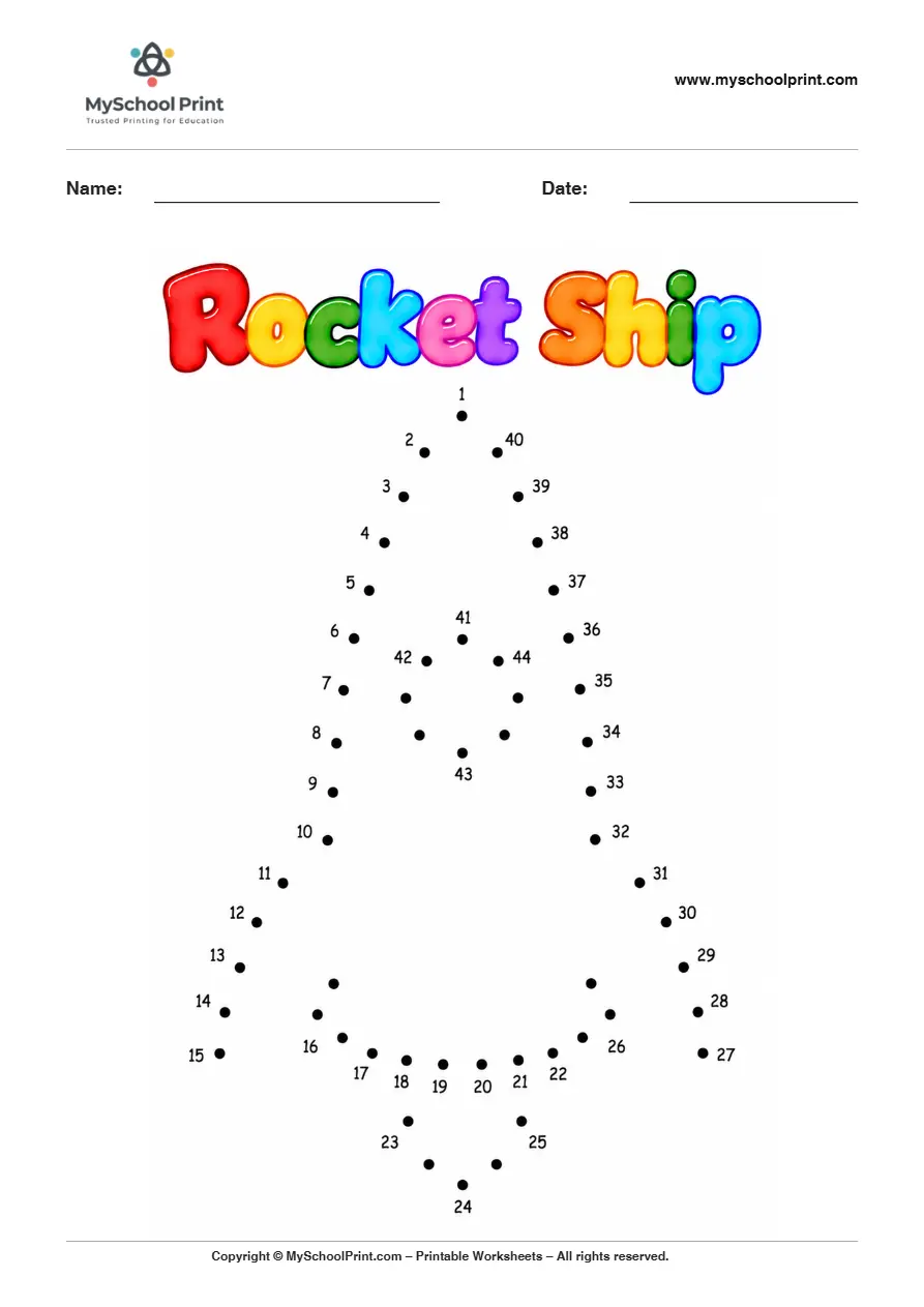 Rocket Ship dot to dot worksheet for kids