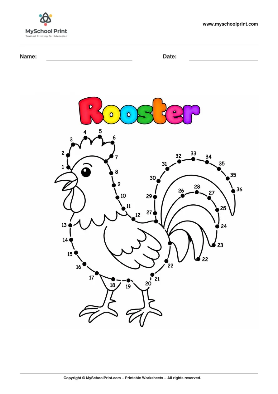 Dot to Dot Rooster Coloring Worksheet for Kids