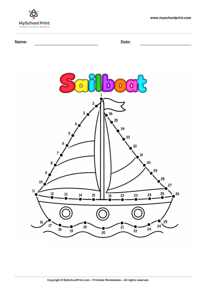 Dot to Dot Sailboat Coloring Worksheet for Kids