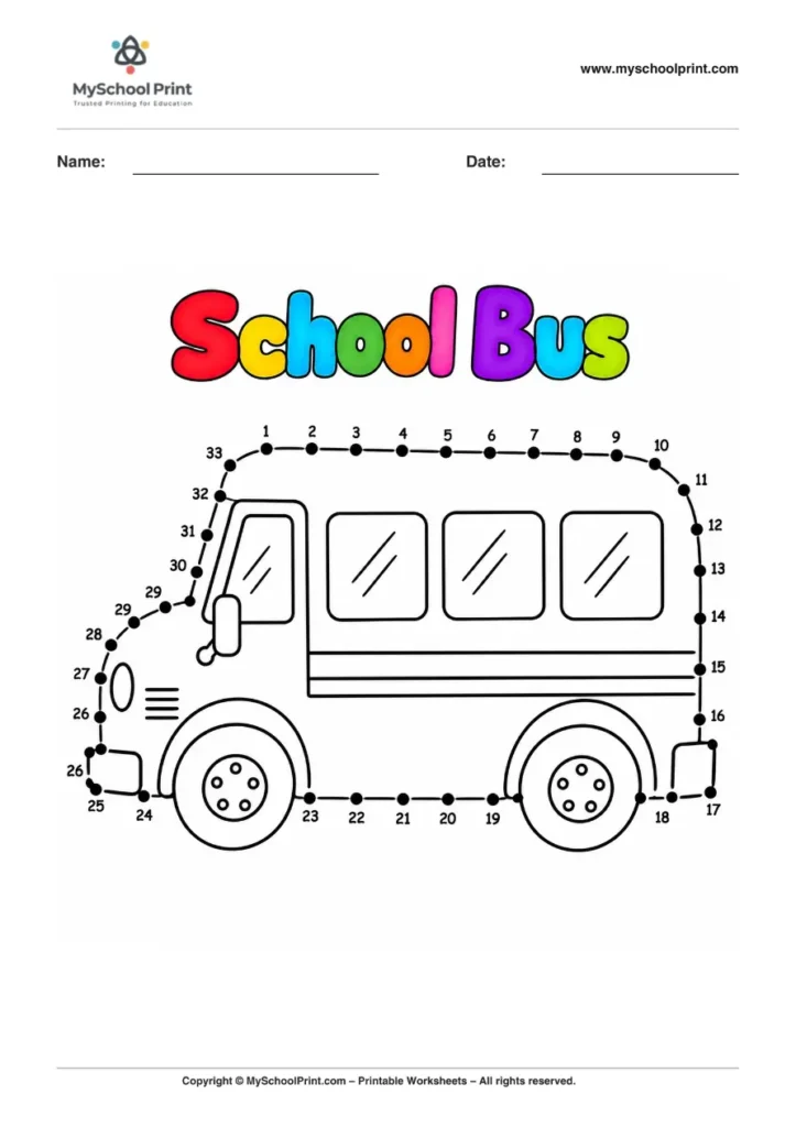 Dot to Dot School Bus Coloring Worksheet for Kids