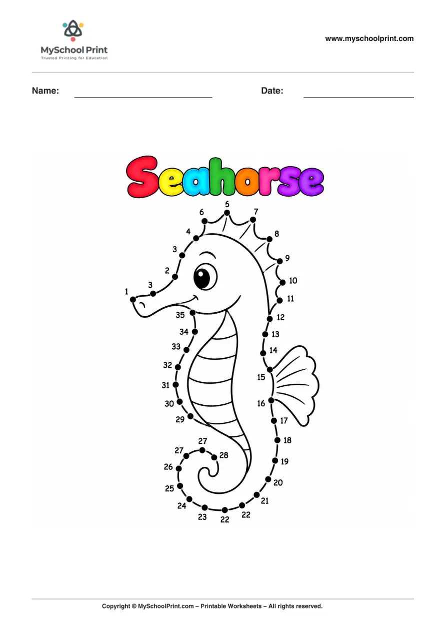 Dot to Dot Seahorse Coloring Worksheet for Kids