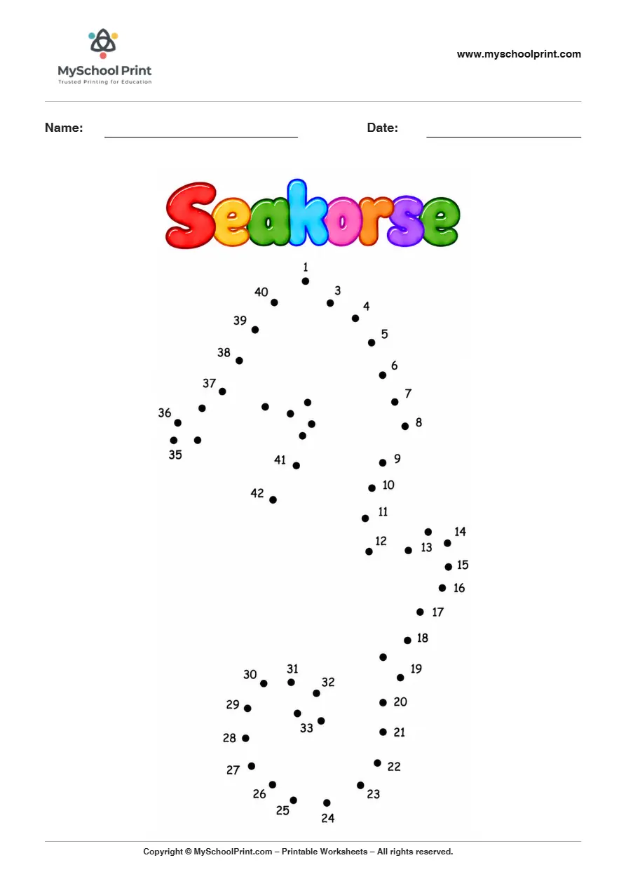 Seahorse dot to dot worksheet for kids