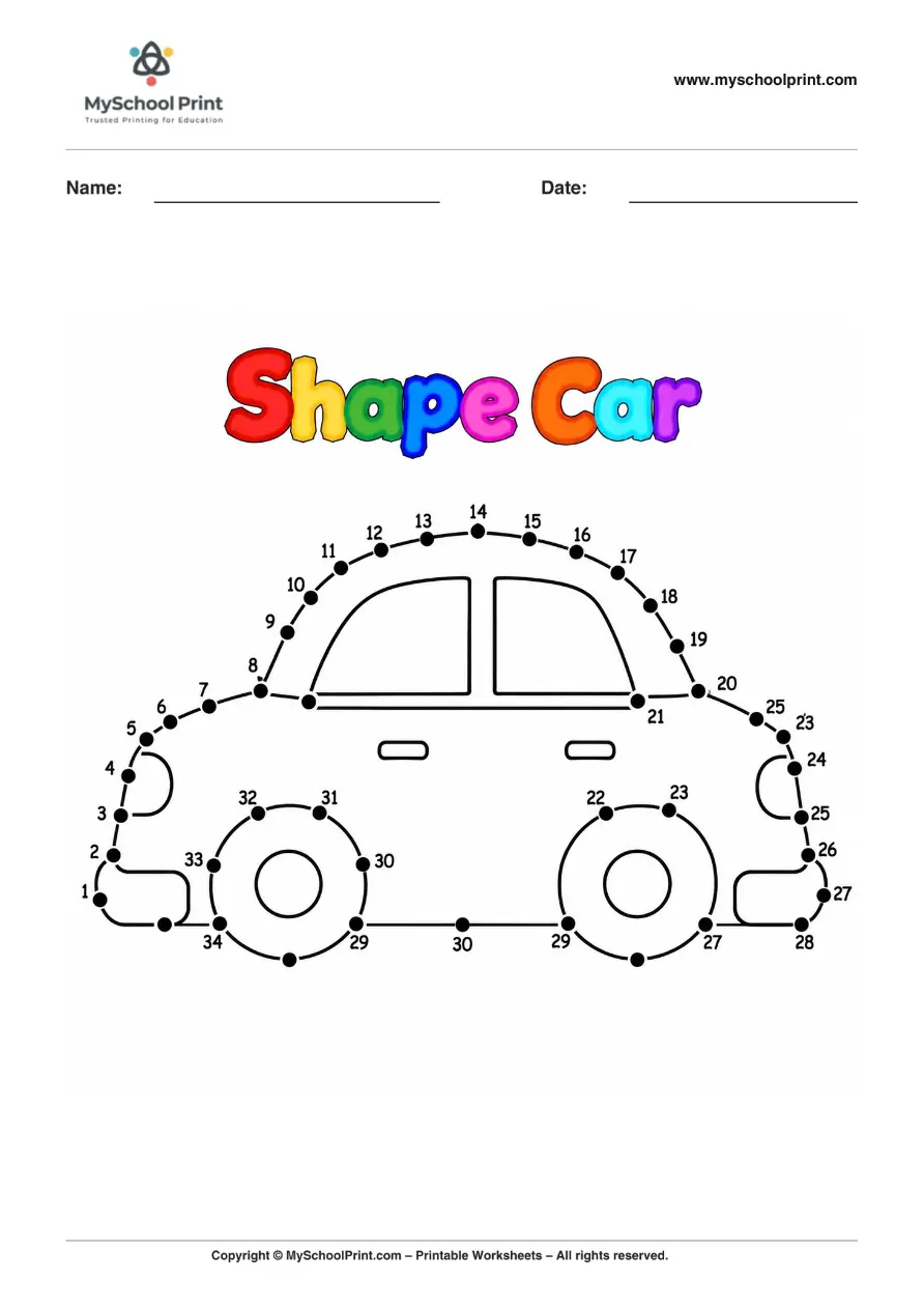 Dot to Dot Shape Car Coloring Worksheet for Kids