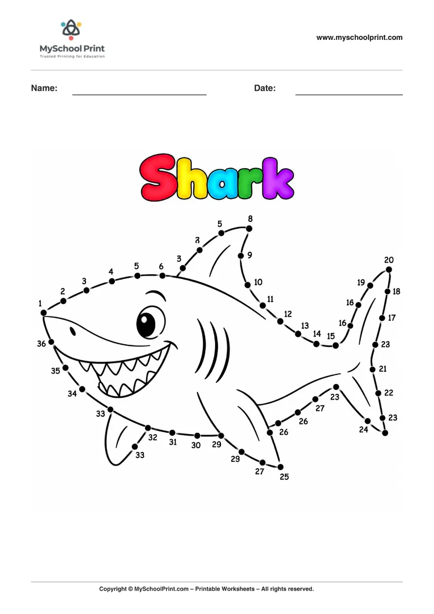 Dot to Dot Shark Coloring Worksheet for Kids