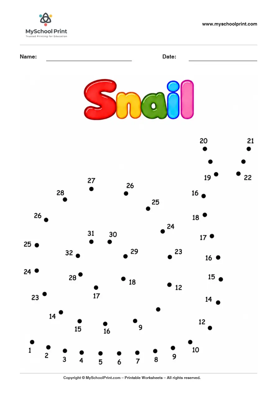 Snail dot to dot worksheet for kids