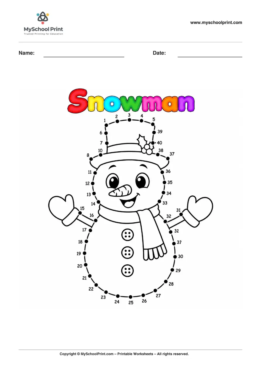 Dot to Dot Snowman Coloring Worksheet for Kids