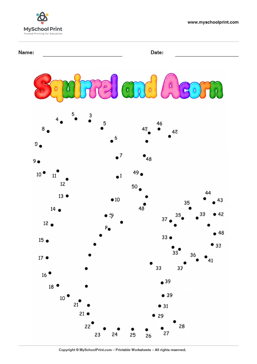 Squirrel And Acorn dot to dot worksheet for kids