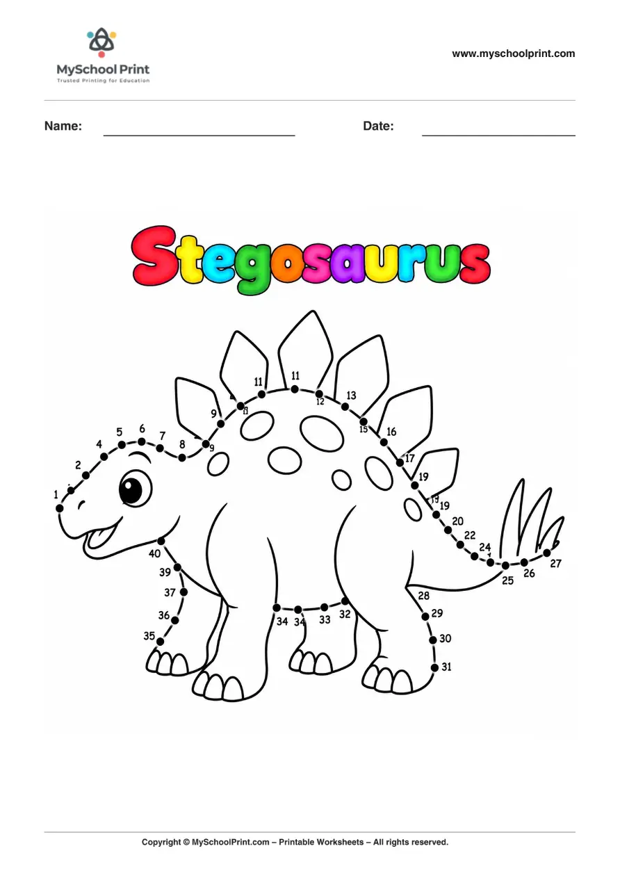 Dot to Dot Stegosaurus Coloring Worksheet for Kids