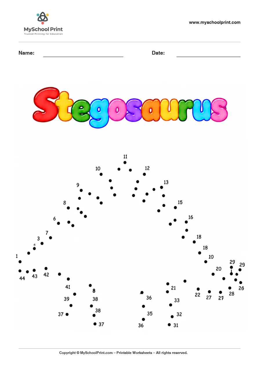 Stegosaurus dot to dot worksheet for kids