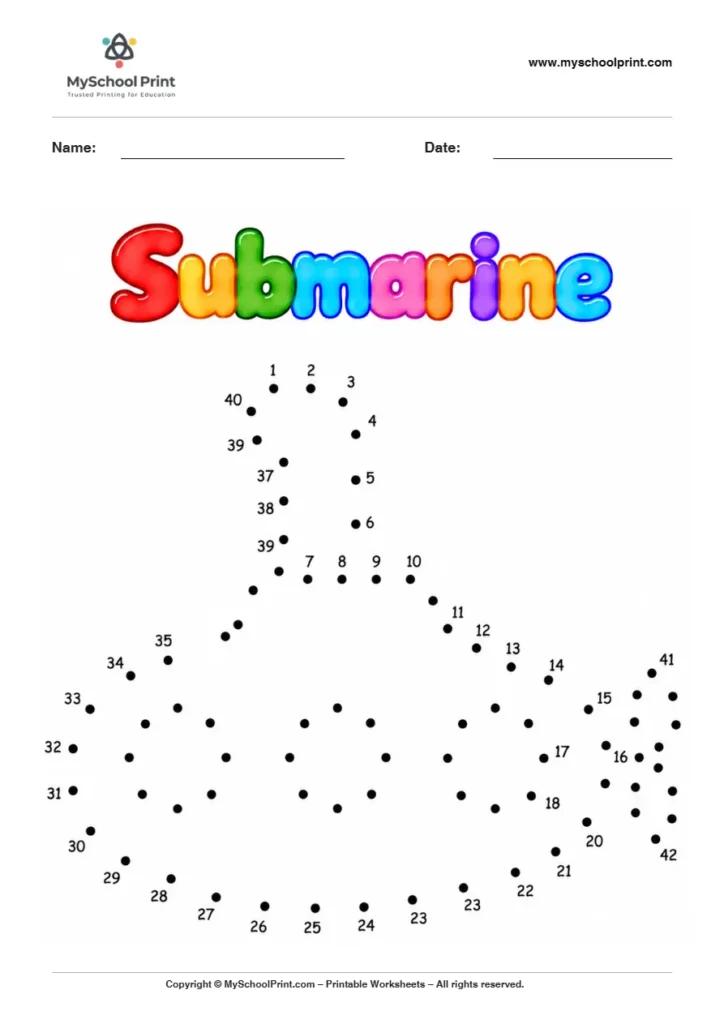Submarine dot to dot worksheet for kids