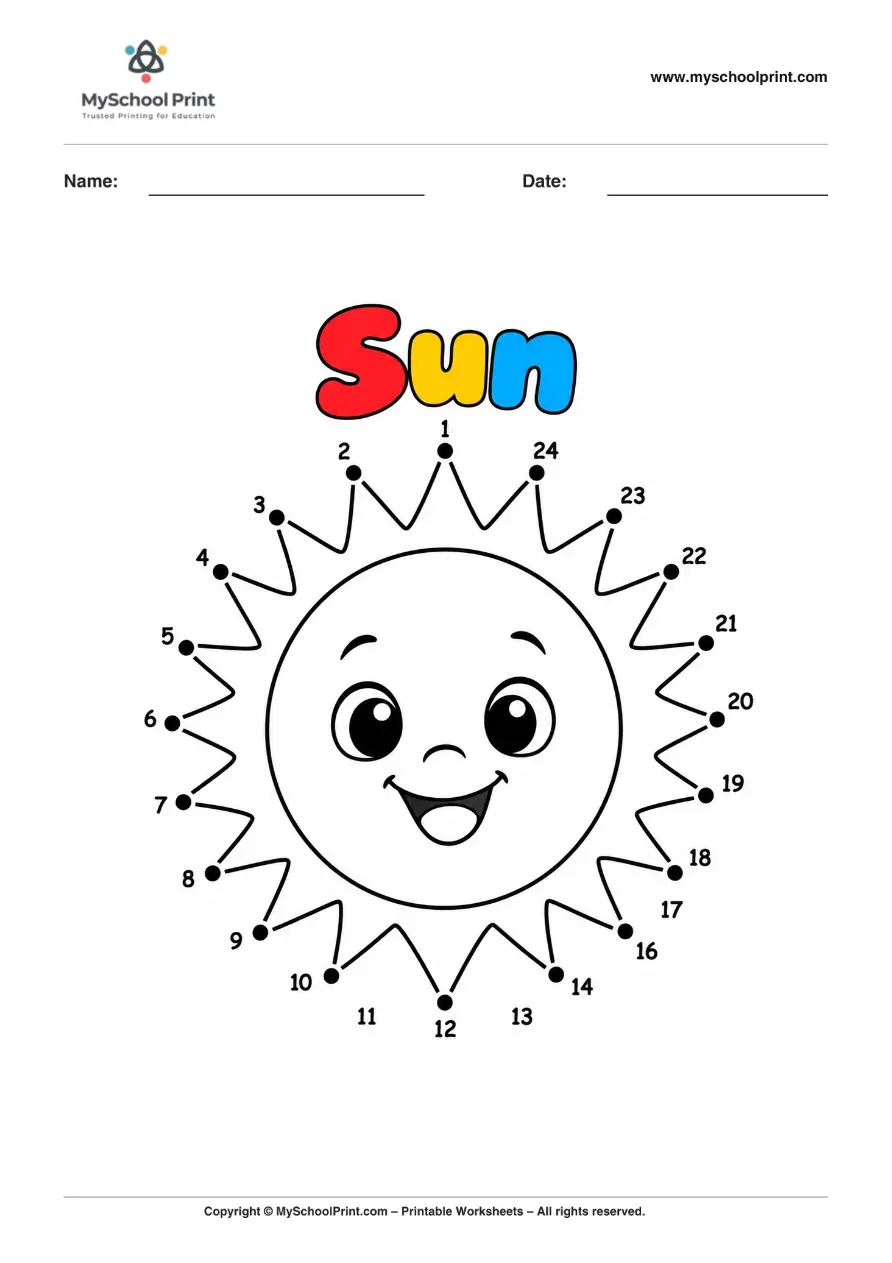 Dot to Dot Sun Coloring Worksheet for Kids