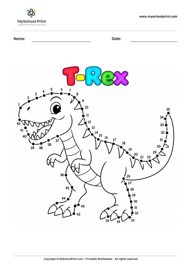 Dot to Dot T Rex Coloring Worksheet for Kids