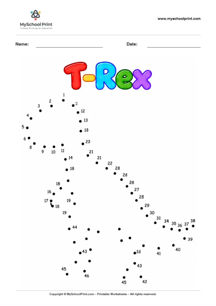 T Rex dot to dot worksheet for kids