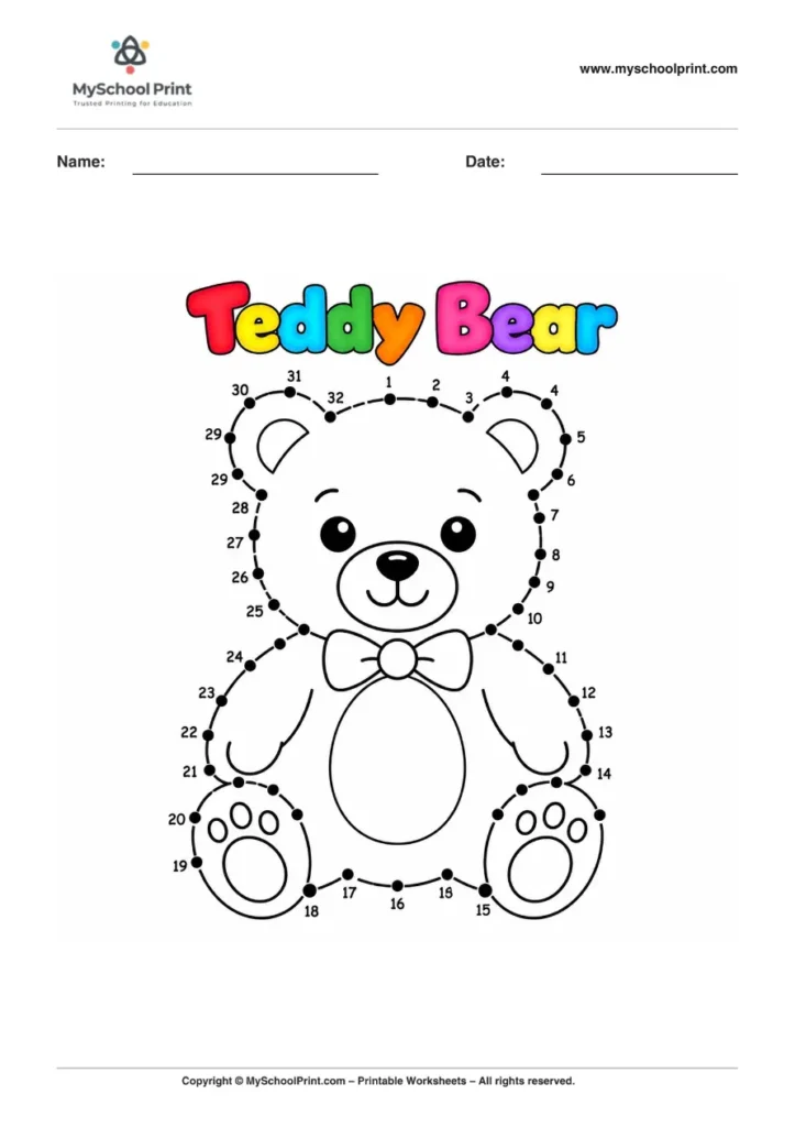 Dot to Dot Teddy Bear Coloring Worksheet for Kids