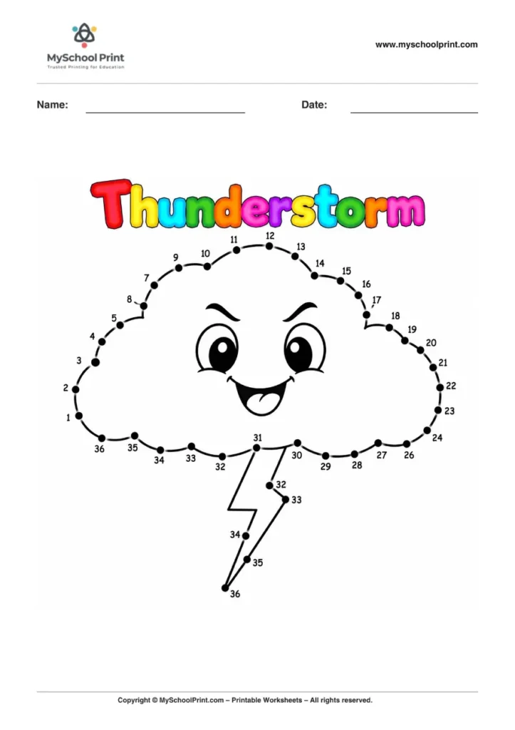 Dot to Dot Thunderstorm Coloring Worksheet for Kids