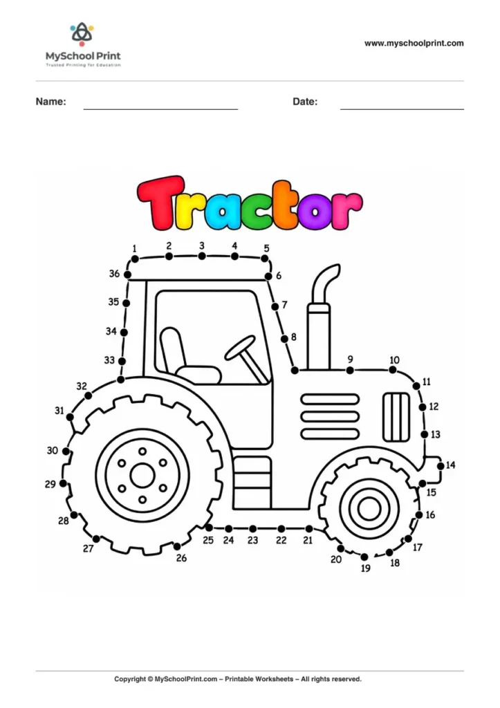 Dot to Dot Tractor Coloring Worksheet for Kids