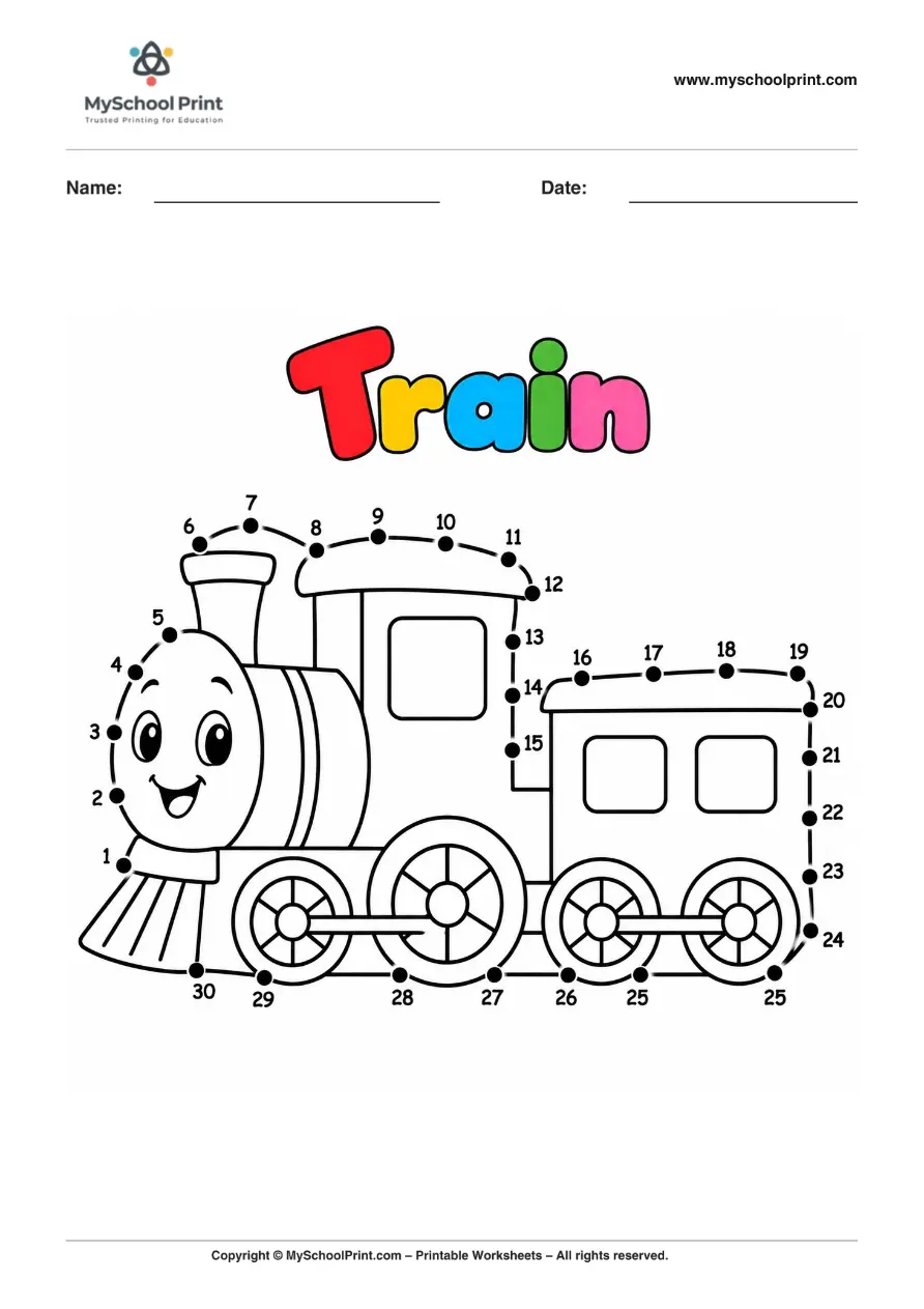 Dot to Dot Train Coloring Worksheet for Kids