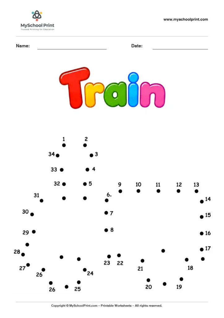 Train dot to dot worksheet for kids