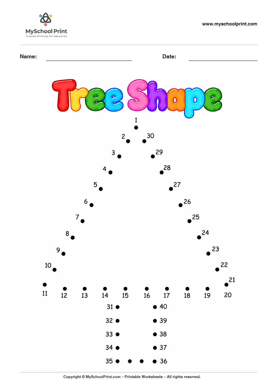 Tree Shape dot to dot worksheet for kids