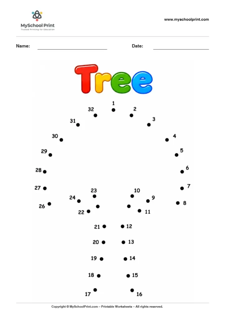 Tree dot to dot worksheet for kids