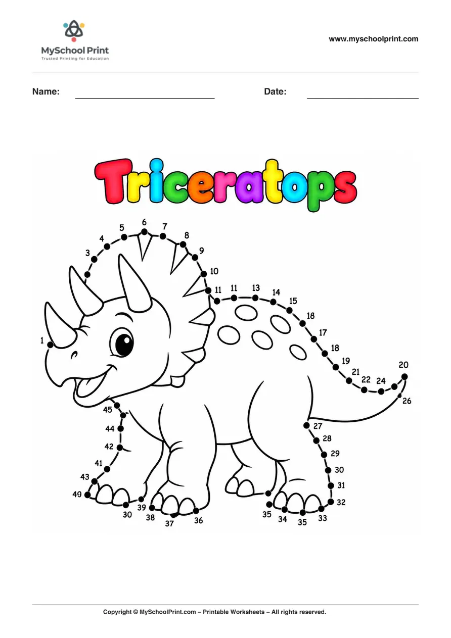 Dot to Dot Triceratops 2 Coloring Worksheet for Kids