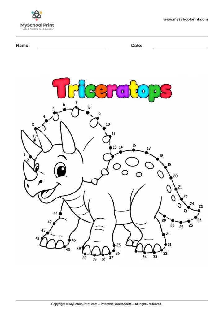 Dot to Dot Triceratops Coloring Worksheet for Kids