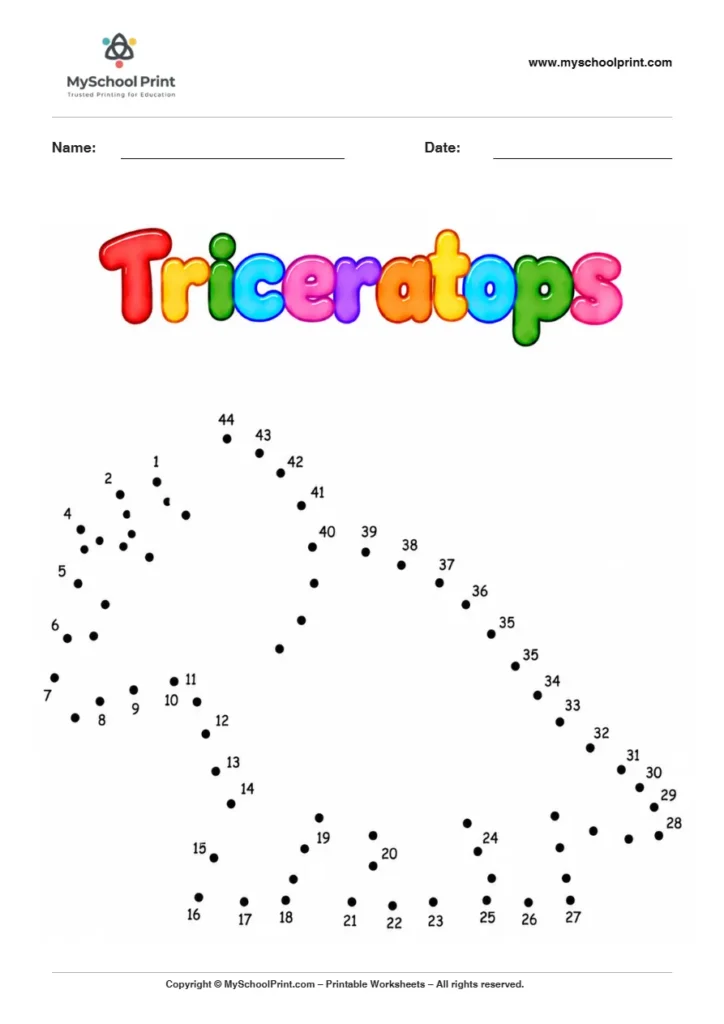 Triceratops dot to dot worksheet for kids