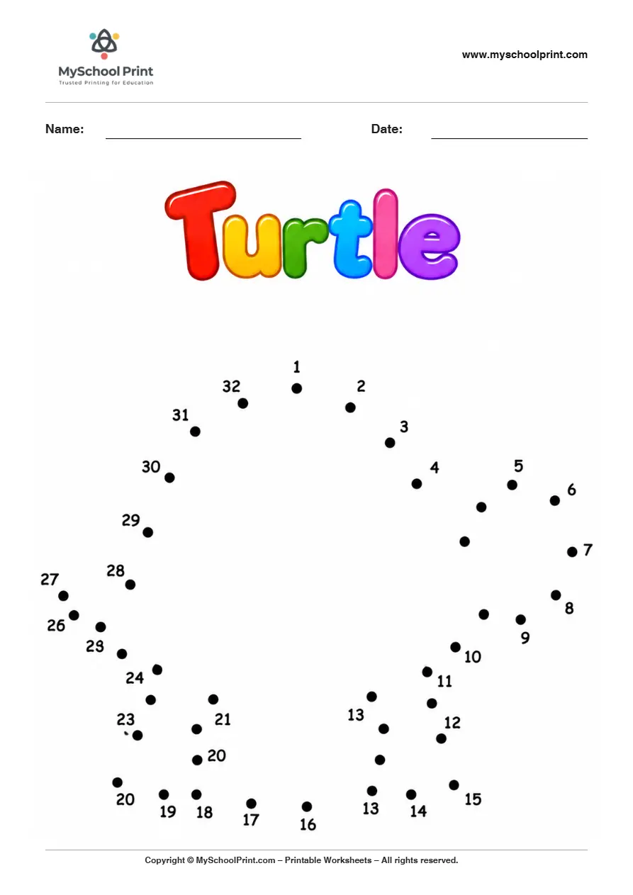 Turtle dot to dot worksheet for kids