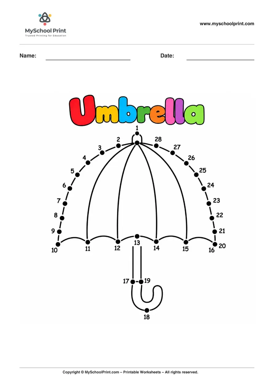 Dot to Dot Umbrella Coloring Worksheet for Kids